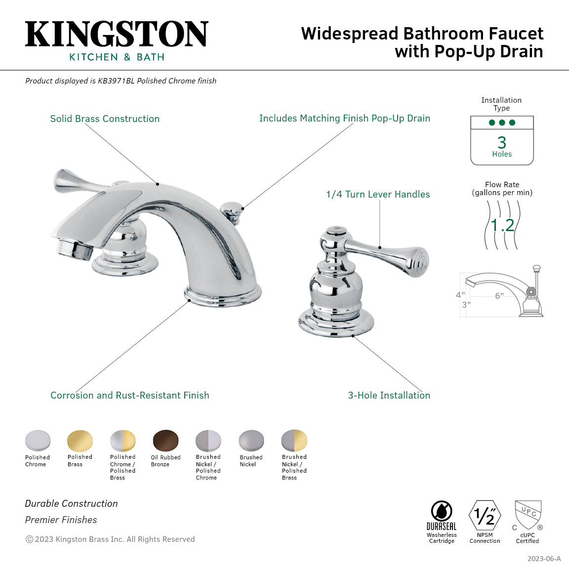 Kingston Tulare KB3971BL - Vintage Two-Handle 3-Hole Deck Mount Widespread Bathroom Faucet with Pop-Up Drain, Polished Chrome — thumbnail 2